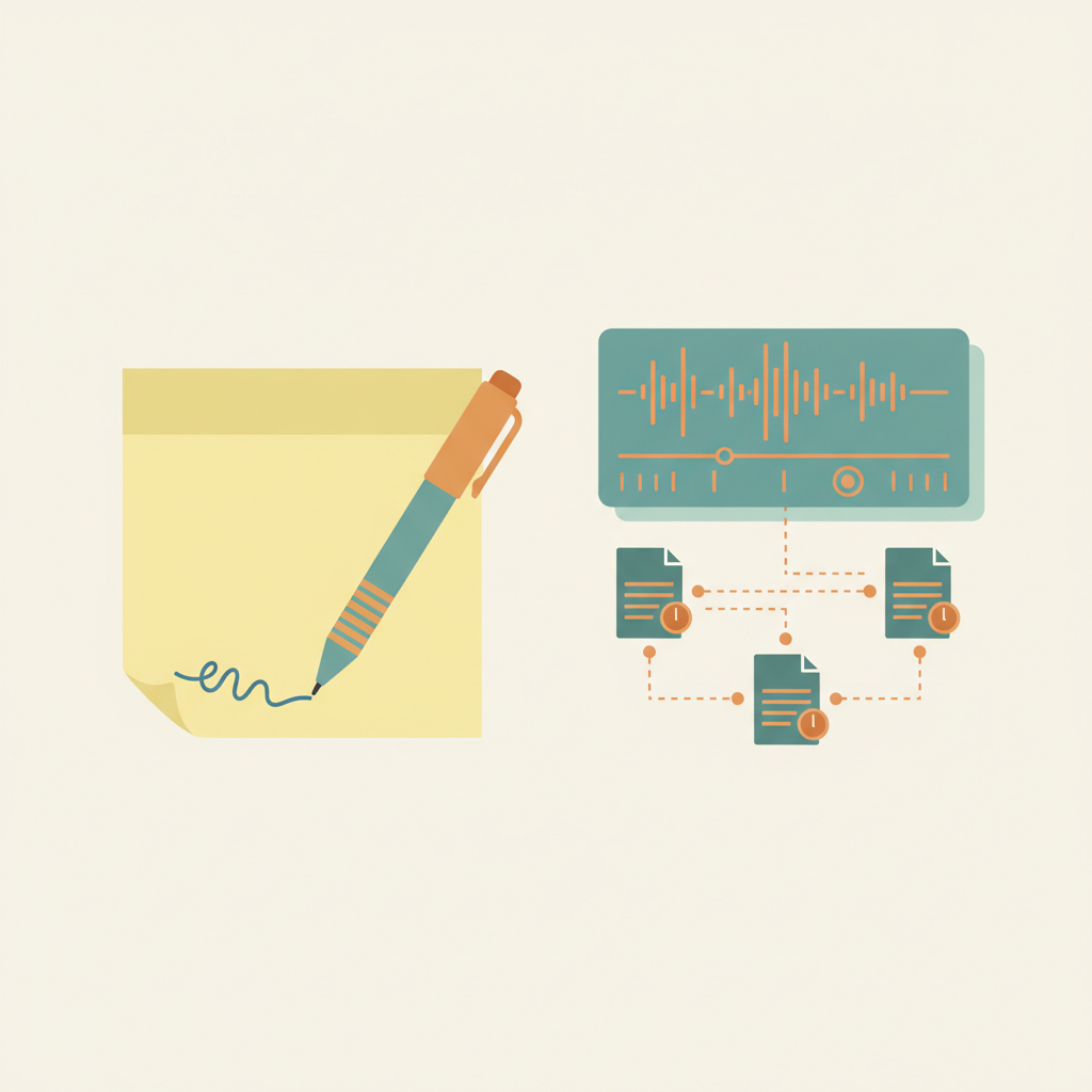 Manual verification notes versus an AI-generated audit record with waveform, timestamps, and linked documents