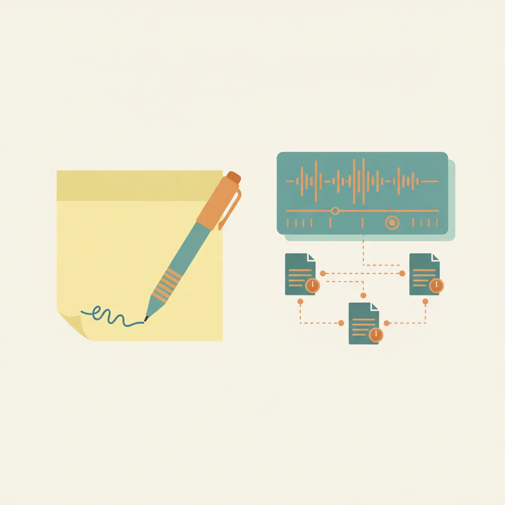 Manual verification notes versus an AI-generated audit record with waveform, timestamps, and linked documents