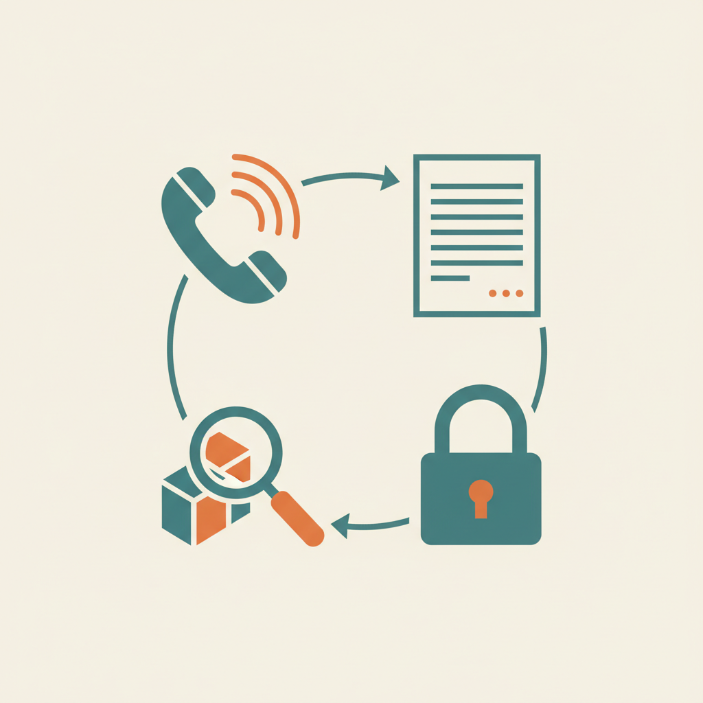 Illustration of the four pillars of an employment verification audit trail: call recording, timestamps, chain of custody, and reviewable evidence