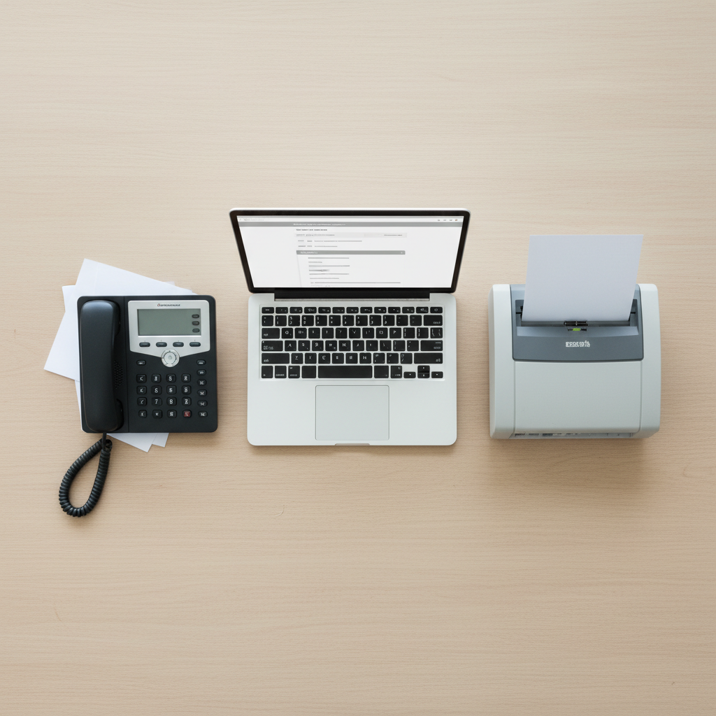 A desk phone, a laptop showing an email inbox, and a fax machine arranged on a light wood desk — the three channels AI employment verification uses to reach the source of truth