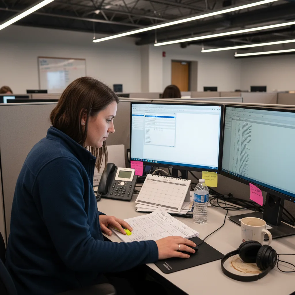 BGC operations analyst reviewing an escalated AI verification call transcript at her desk