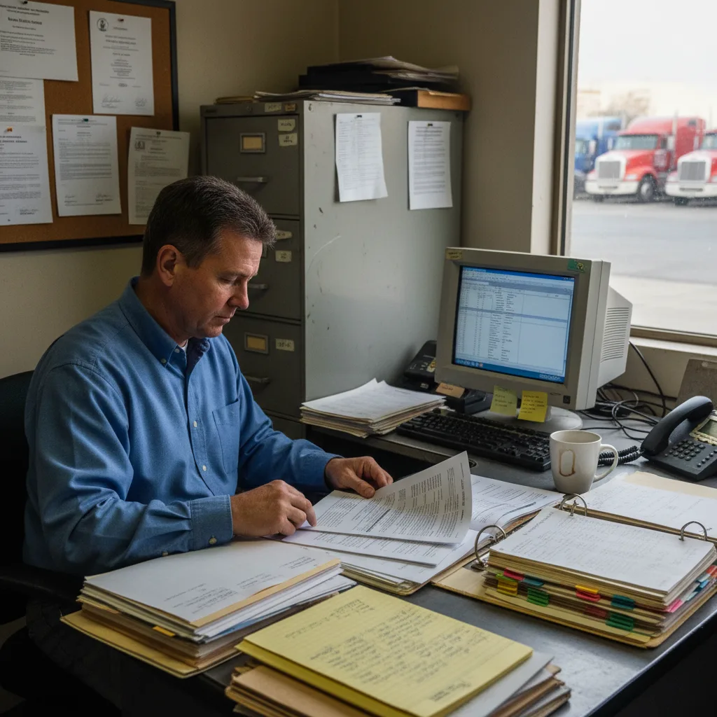 A motor carrier safety director reviewing several drivers' background screening reports at an office desk