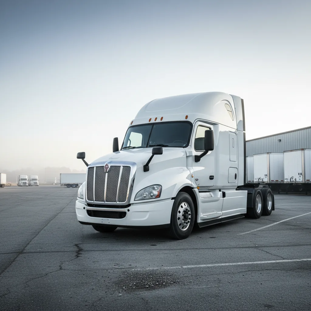 Editorial documentary photograph of a clean modern day-cab semi truck parked head-on in a bright commercial depot under soft overcast daylight