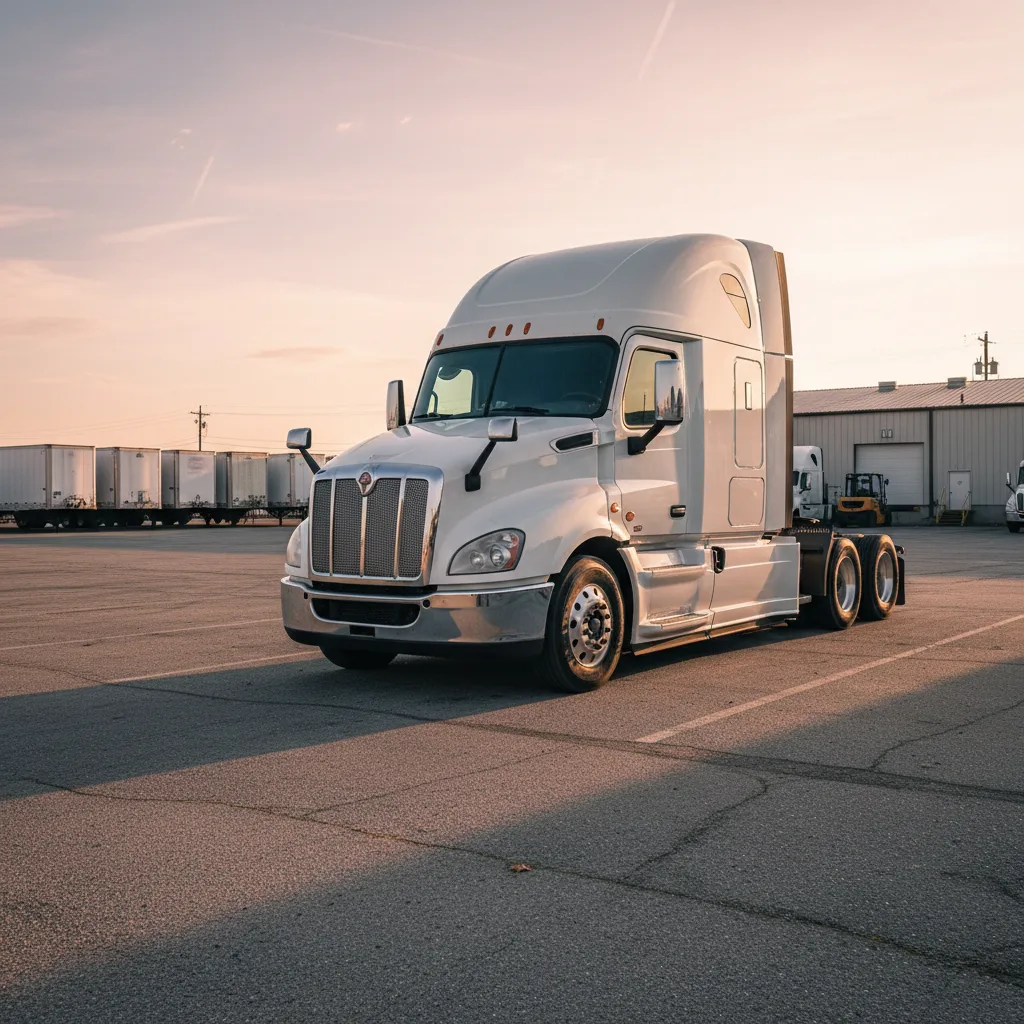 Editorial documentary photograph of a clean white over-the-road tractor cab parked in a commercial trucking yard at golden hour