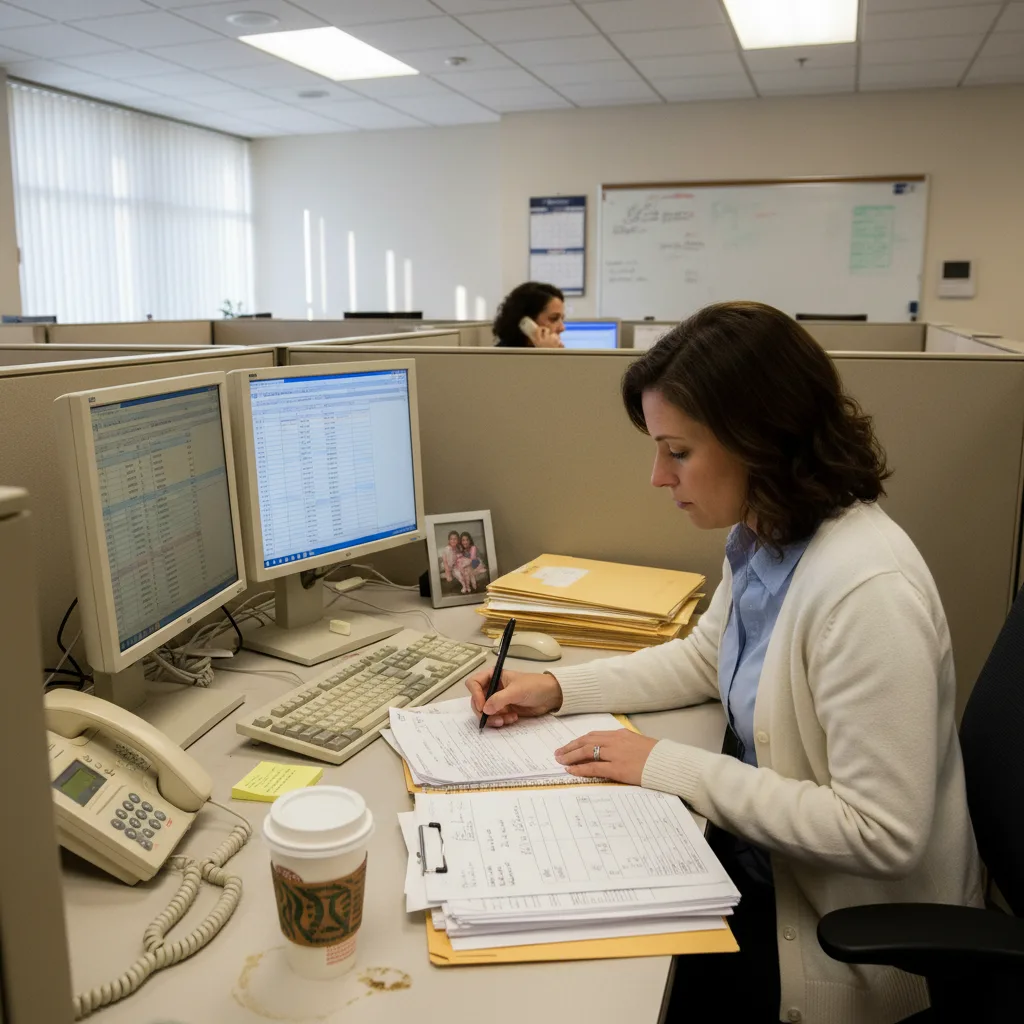 Loan operations analyst working through a verification case file in a regional bank bullpen