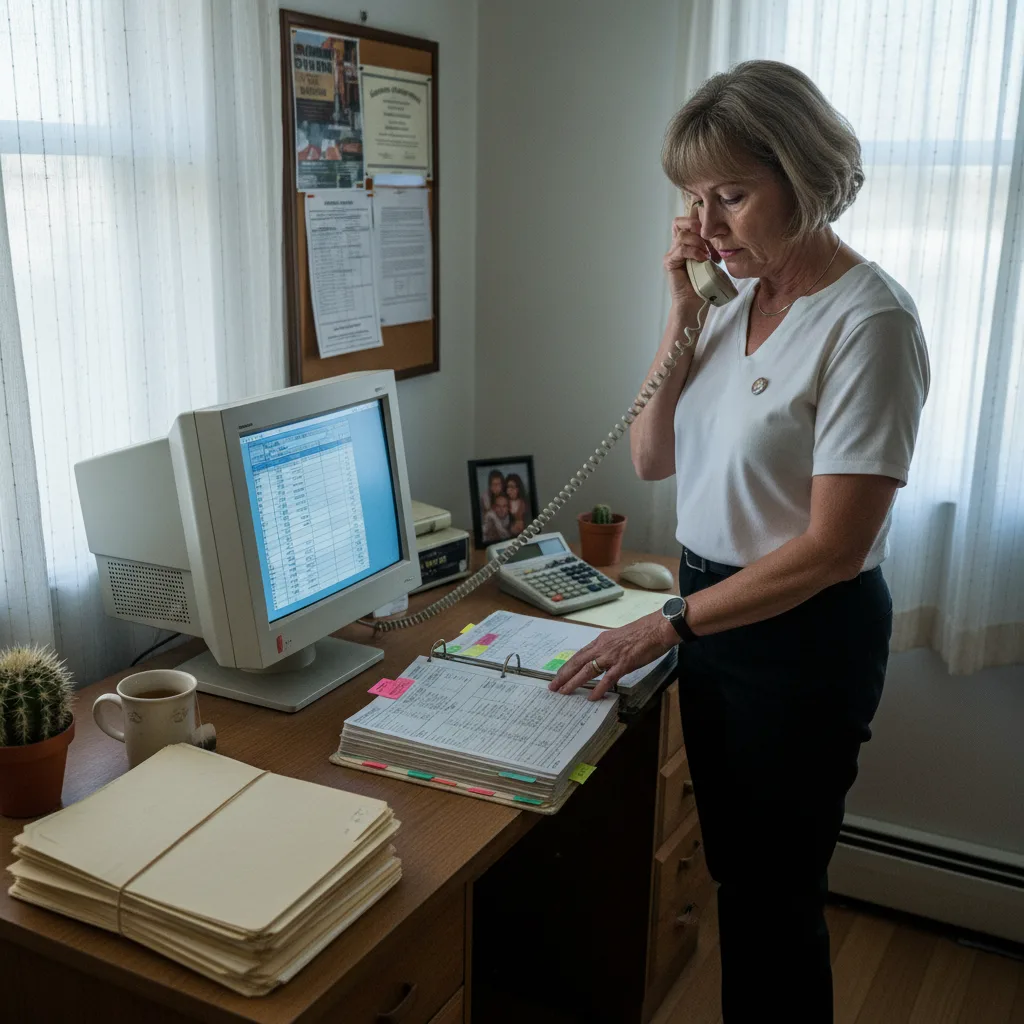 Office manager at a small community employer picking up the phone to confirm an employment verification