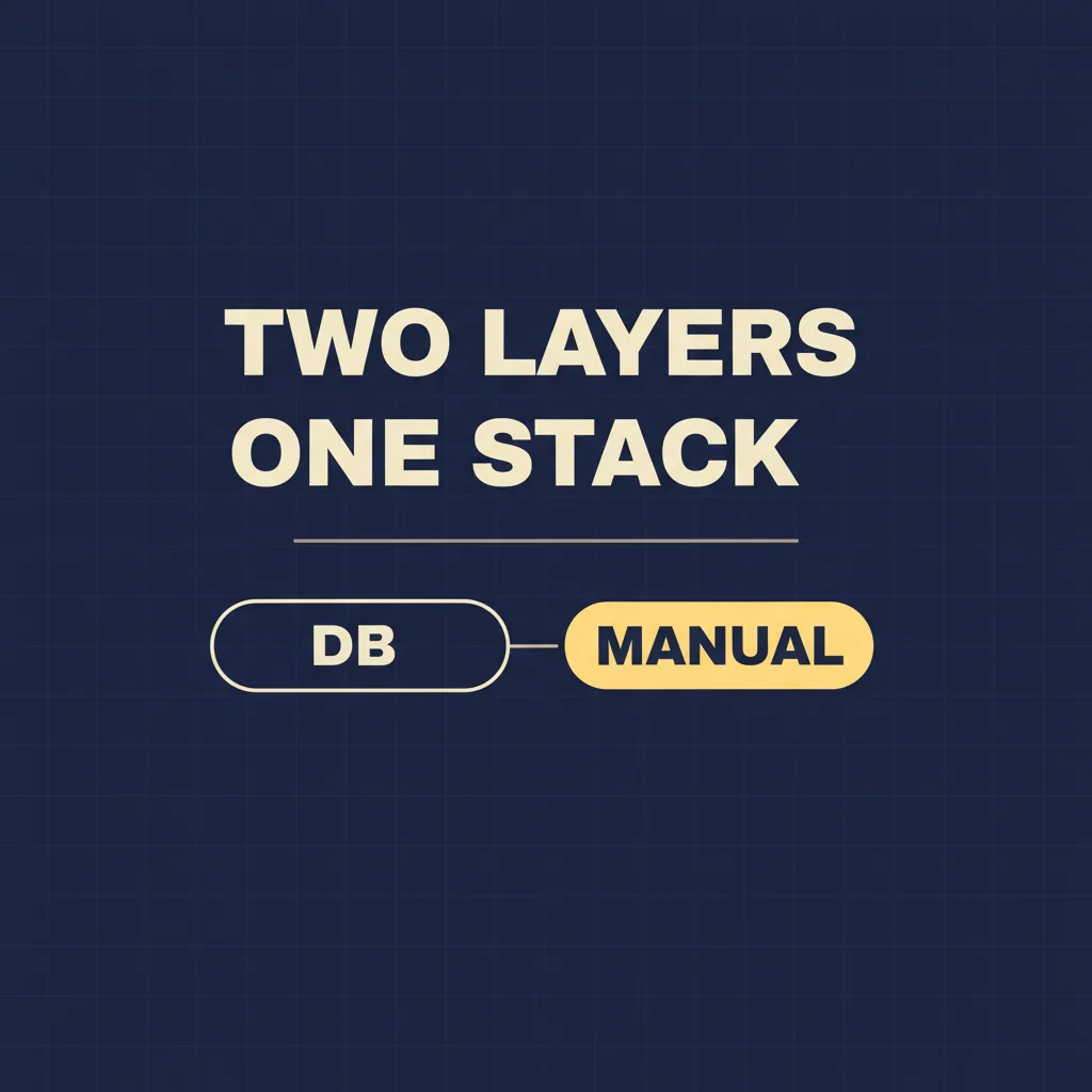 Typographic poster reading TWO LAYERS / ONE STACK with a minimal flow from DB to MANUAL on a dark navy background, summarizing the two-layer verification architecture banks need.