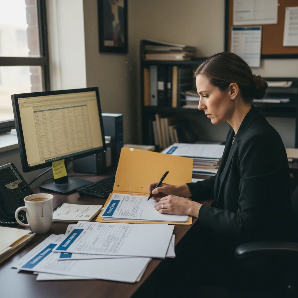 An insurance SIU claims investigator comparing several printed vendor reports across a desk before selecting a canvassing provider