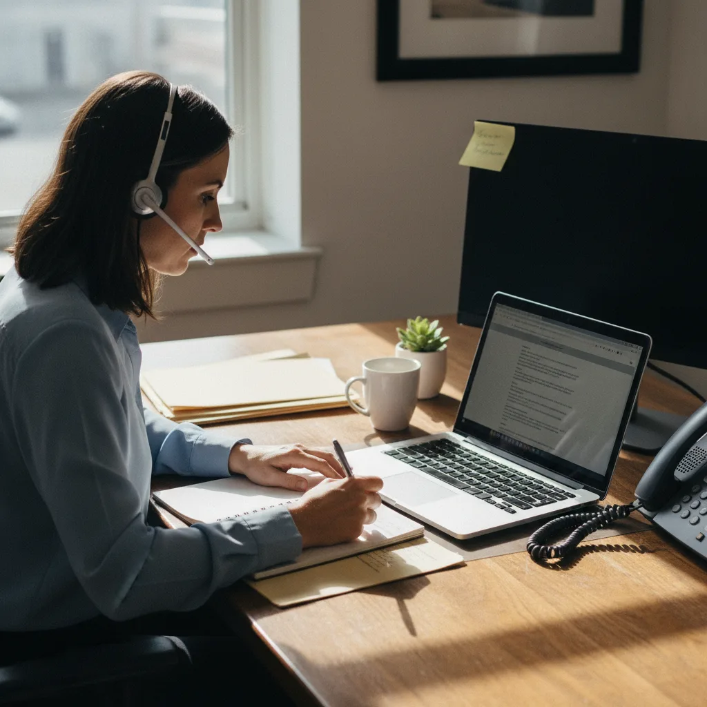 Documentary photograph of an executive recruiter conducting a reference conversation by phone for a senior candidate