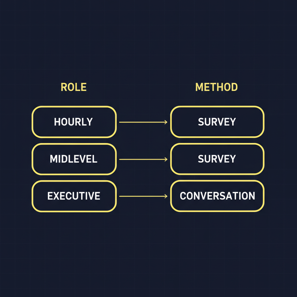 Mapping diagram connecting role seniority to the survey-based or conversation-based reference architecture that fits it