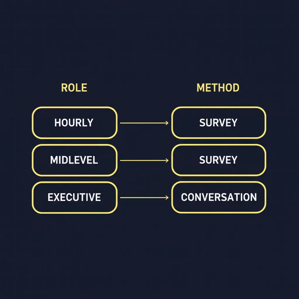 Mapping diagram connecting role seniority to the survey-based or conversation-based reference architecture that fits it