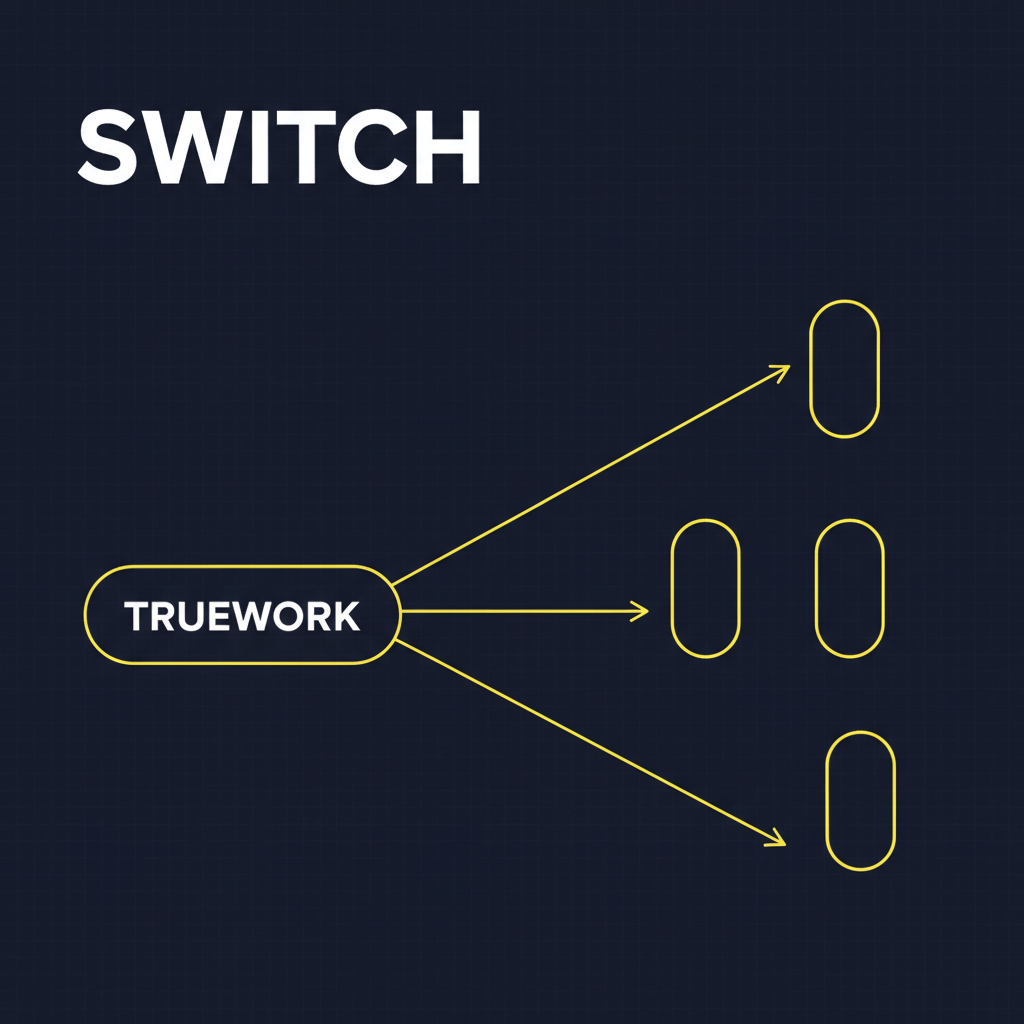 A dark Stripe-style diagram poster showing a single TRUEWORK node fanning out with yellow arrows to a column of alternative nodes, under a bold SWITCH wordmark.