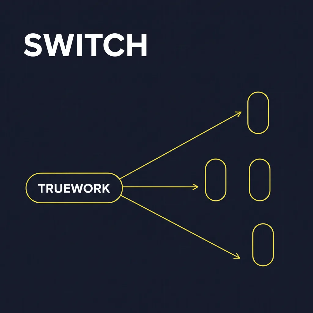 A dark Stripe-style diagram poster showing a single TRUEWORK node fanning out with yellow arrows to a column of alternative nodes, under a bold SWITCH wordmark.