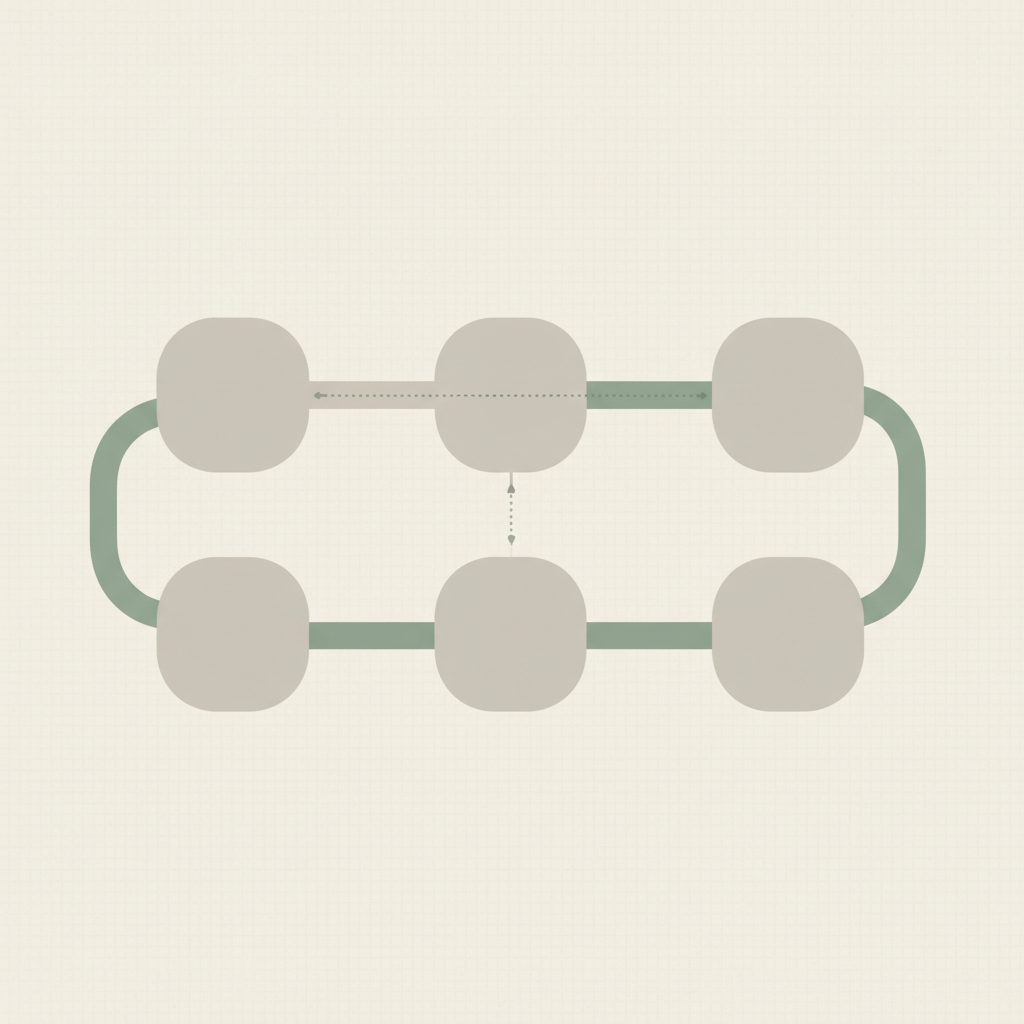 A calm, light diagram on warm off-white paper: a soft sage payroll-connection path that stops at a gap, with a second path continuing on to a destination node — direct outreach picking up where the payroll API ends. No text.