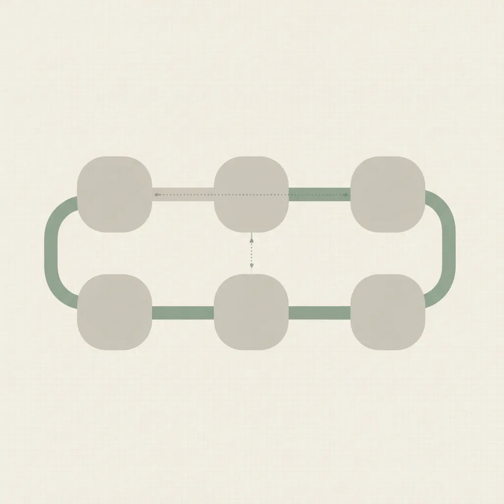 A calm, light diagram on warm off-white paper: a soft sage payroll-connection path that stops at a gap, with a second path continuing on to a destination node — direct outreach picking up where the payroll API ends. No text.