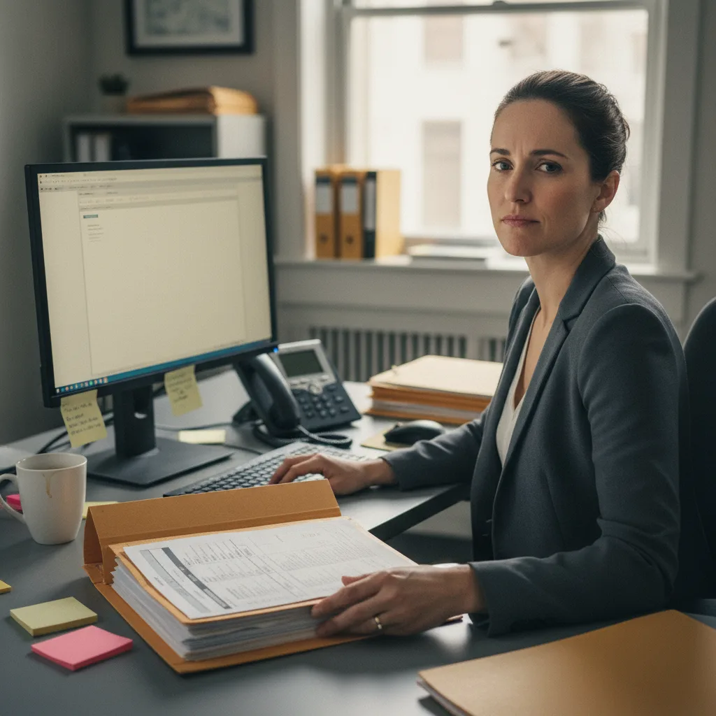 An employment-verification specialist leaning back from a monitor that returned no result on a non-enrolled employer