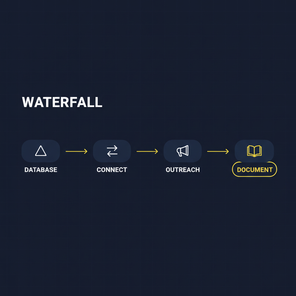 A waterfall diagram showing a verification cascade from database lookup through connect, outreach, and document