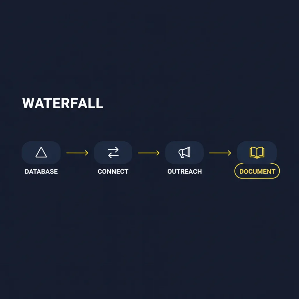 A waterfall diagram showing a verification cascade from database lookup through connect, outreach, and document