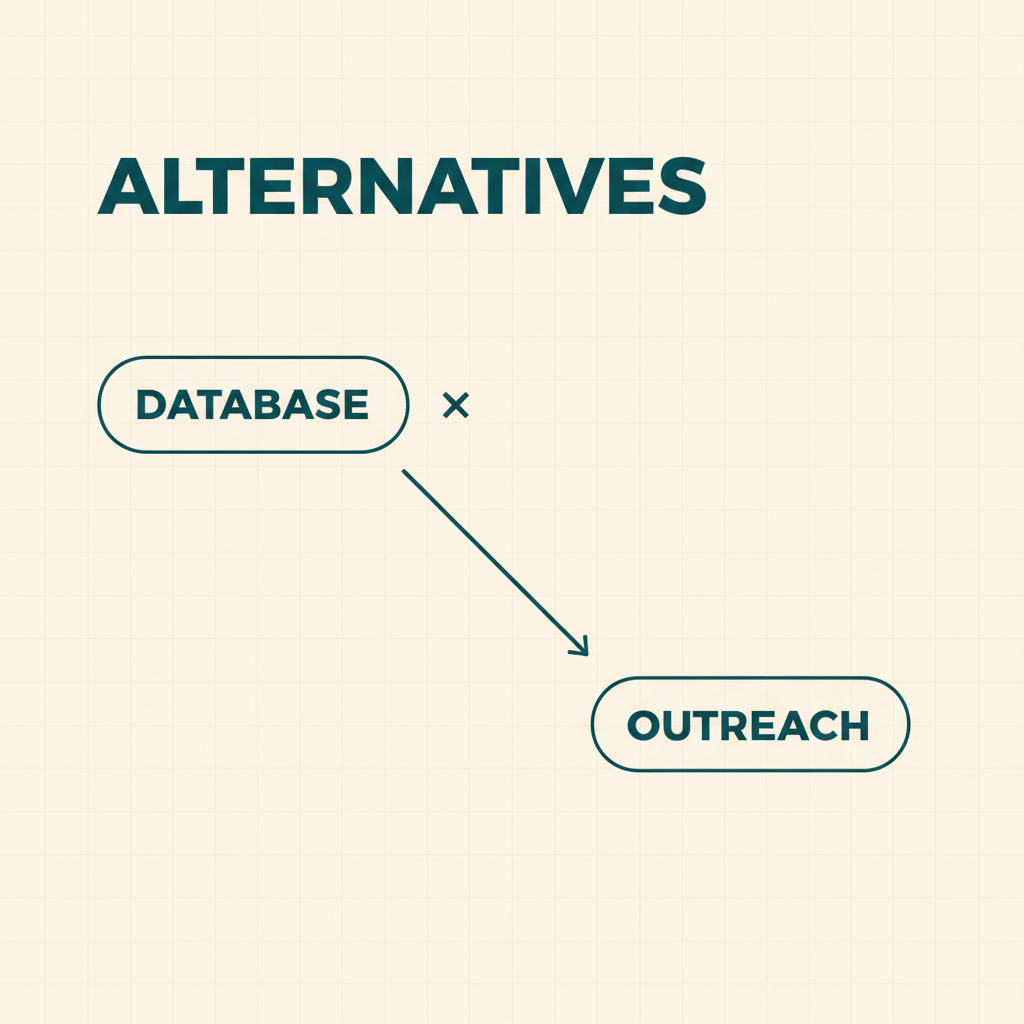 A light tinted Stripe-style diagram poster showing a database node missing and falling through to an outreach node, under a bold ALTERNATIVES wordmark.