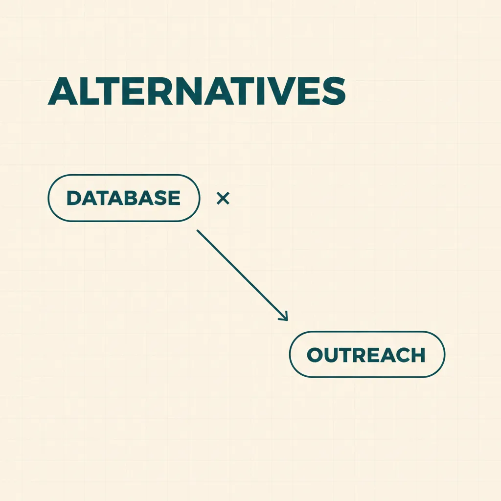 A light tinted Stripe-style diagram poster showing a database node missing and falling through to an outreach node, under a bold ALTERNATIVES wordmark.