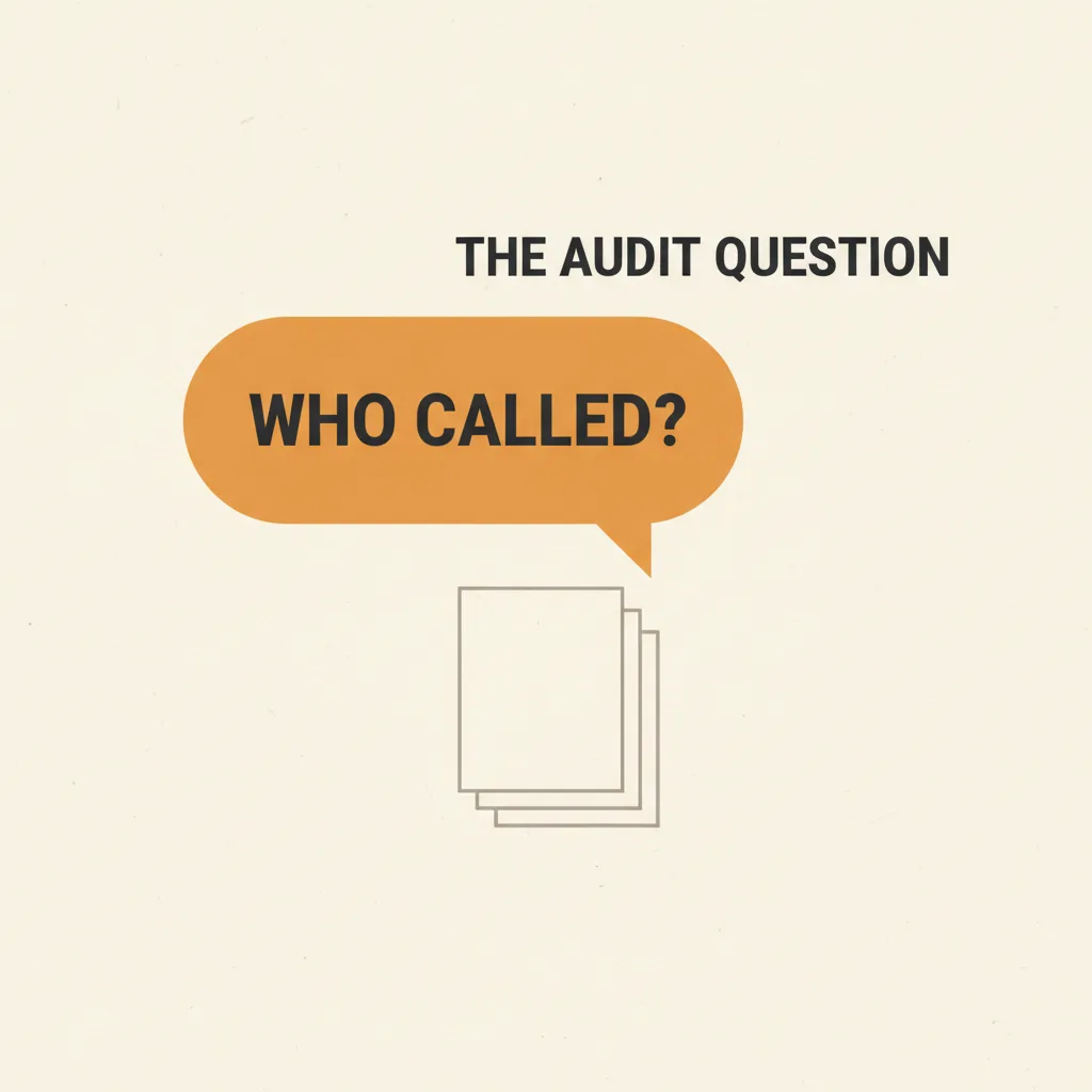 Light-mode tinted typographic diagram with the hero question 'WHO CALLED?' over an abstract stack of documents, capturing the central follow-up question FMCSA reviewers ask of every verification record.