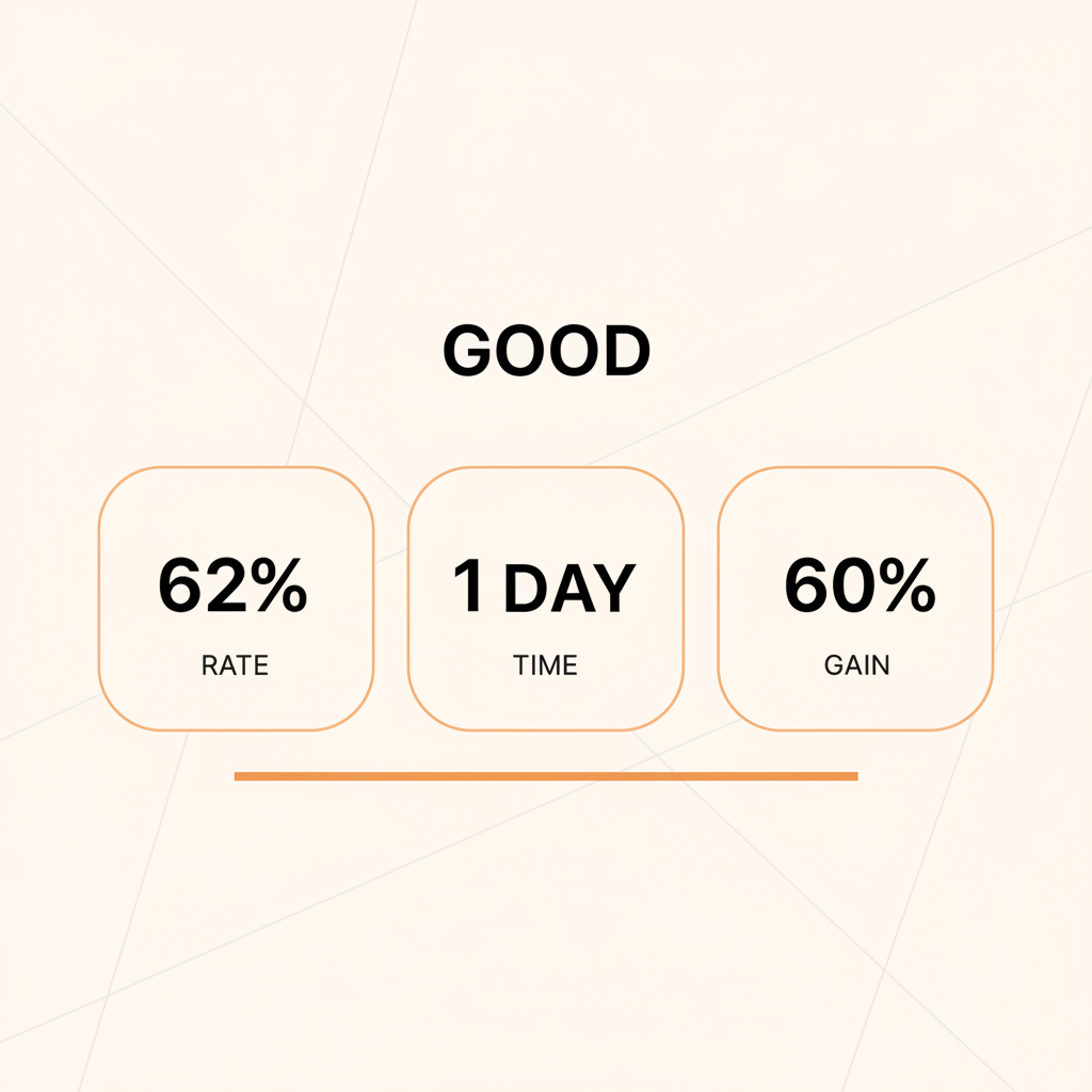 Three benchmark cards showing the 62% completion rate, sub-one-day turnaround, and 60% margin gain