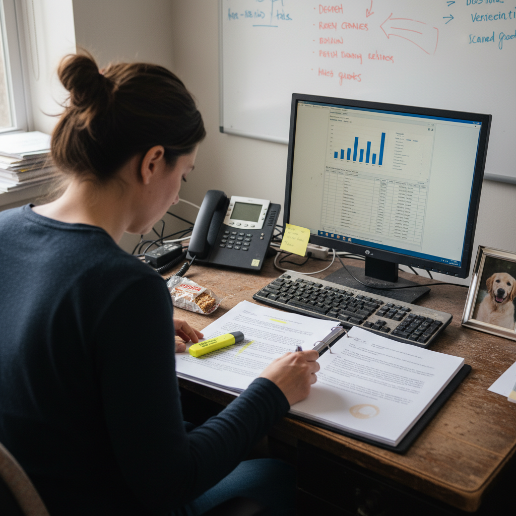 A CRA operations manager comparing printed vendor proposals at her desk