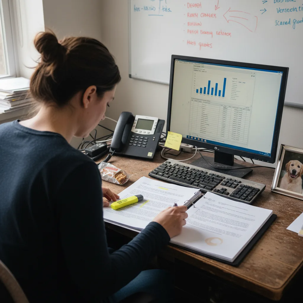 A CRA operations manager comparing printed vendor proposals at her desk