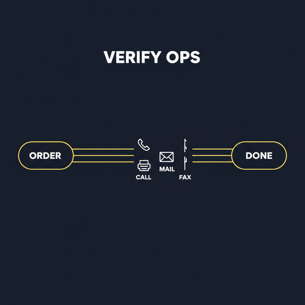 Diagram of a CRA verification operations pipeline showing an order entering parallel call, mail, and fax outreach channels and resolving as complete