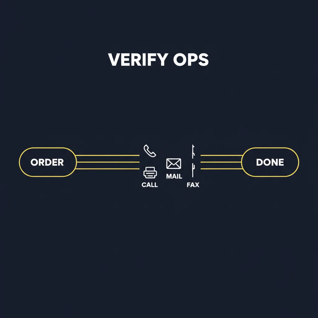 Diagram of a CRA verification operations pipeline showing an order entering parallel call, mail, and fax outreach channels and resolving as complete