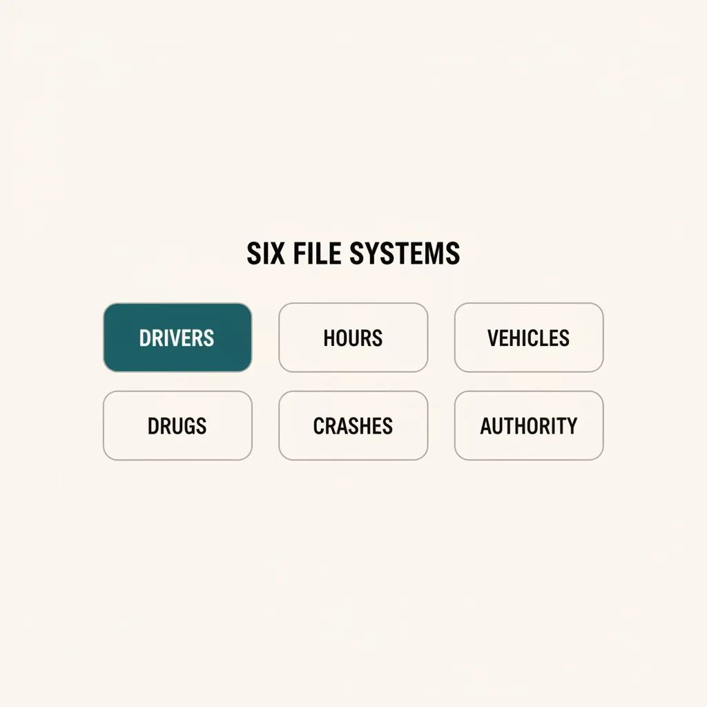Diagram of the six DOT record systems: drivers, drugs, hours, vehicles, crashes, and authority