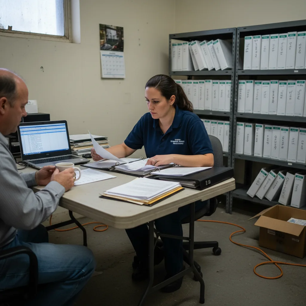 An FMCSA investigator working through driver qualification binders with a carrier's safety manager