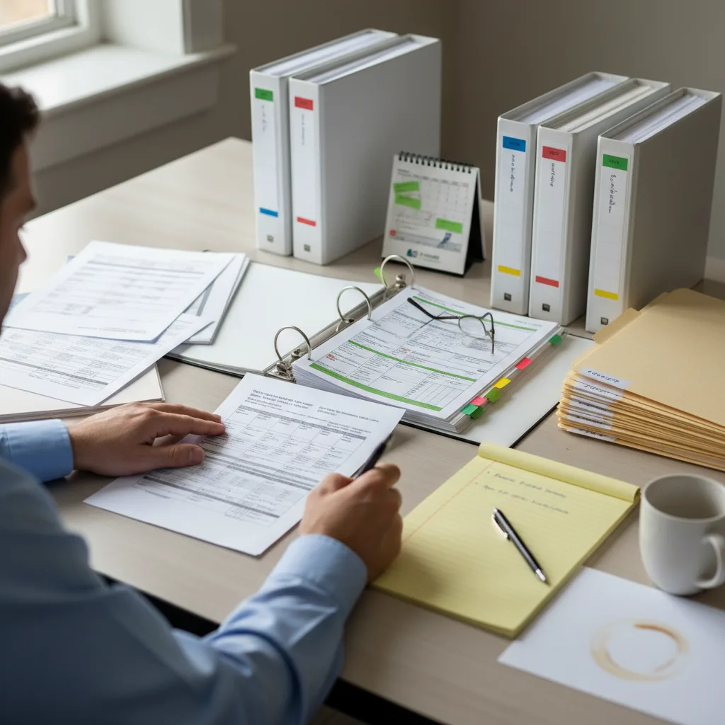 A safety director's desk during an FMCSA file review, with driver qualification binders and printed records spread across it