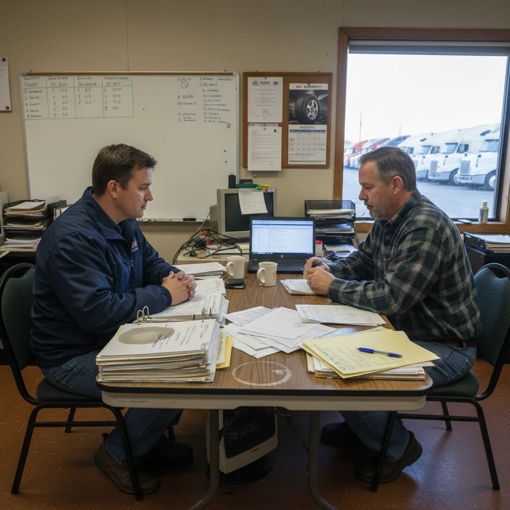 FMCSA compliance auditor reviewing a disorganized driver qualification binder against scattered call logs and email printouts in a small trucking company's back office