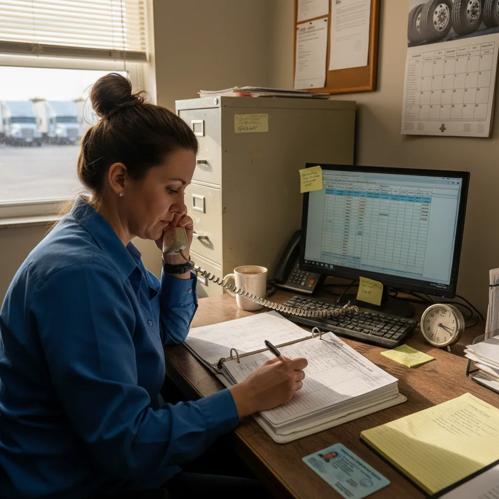 Safety coordinator logging a §391.23 prior-employer verification attempt by hand on a printed log form while on a landline call