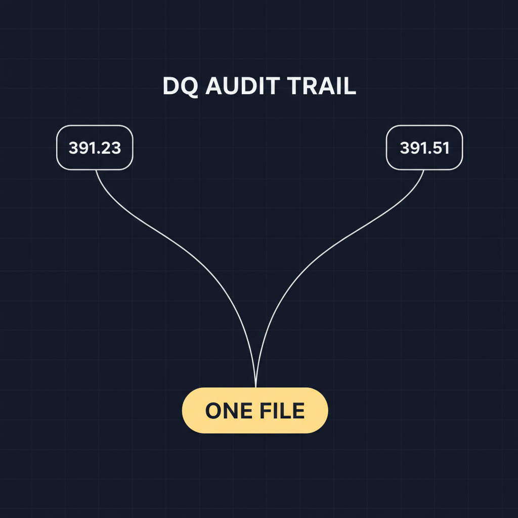 Dark-mode flow diagram showing §391.23 and §391.51 merging into a single DQ FILE audit-trail record