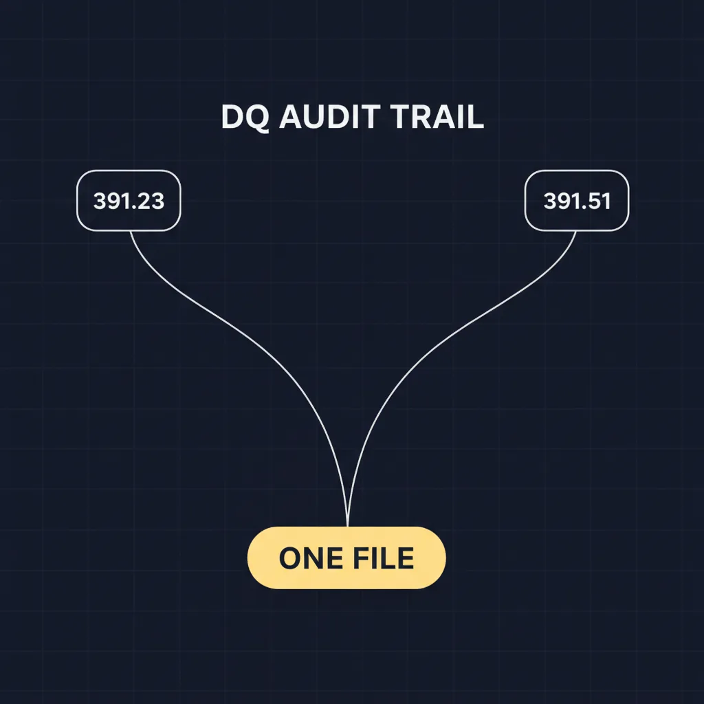 Dark-mode flow diagram showing §391.23 and §391.51 merging into a single DQ FILE audit-trail record