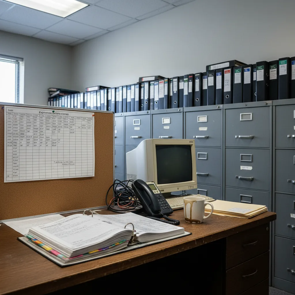 A small motor carrier's safety department with a wall of driver qualification binders and an expiration tracking chart