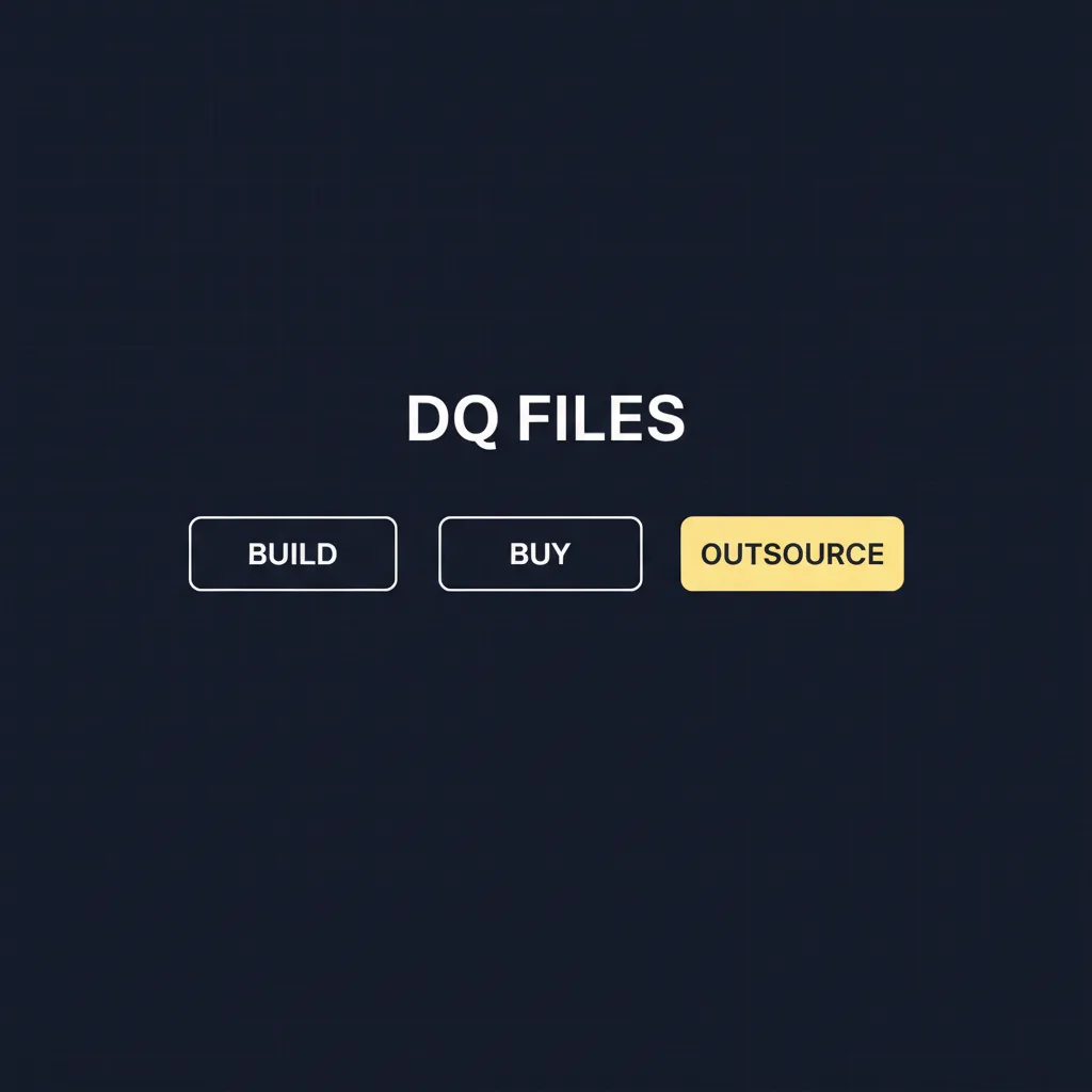 Dark-mode diagram showing three options for DQ file management: build, buy, and outsource