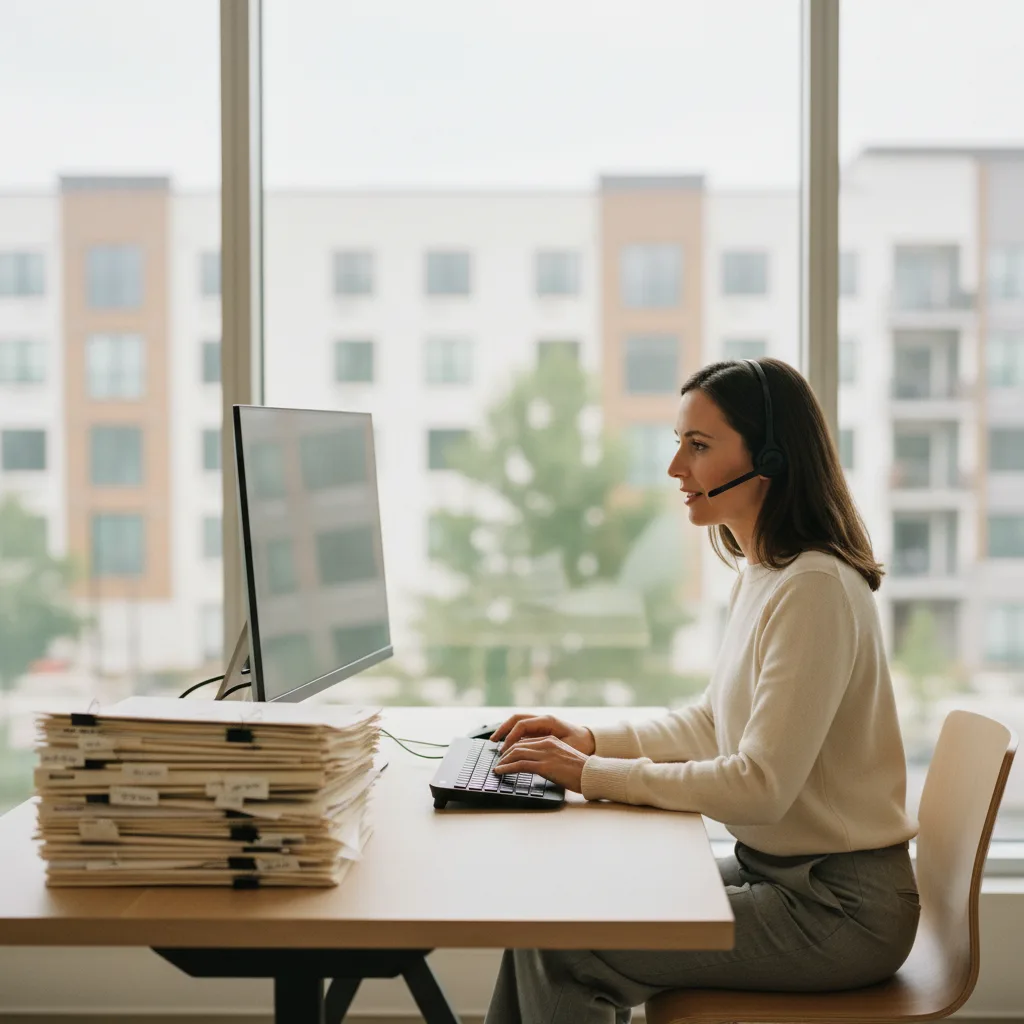 A documentary photograph of a leasing agent in a bright multifamily leasing office, mid-call on a headset beside a tall stack of rental-application folders, conveying the manual employer-outreach burden at enterprise volume.