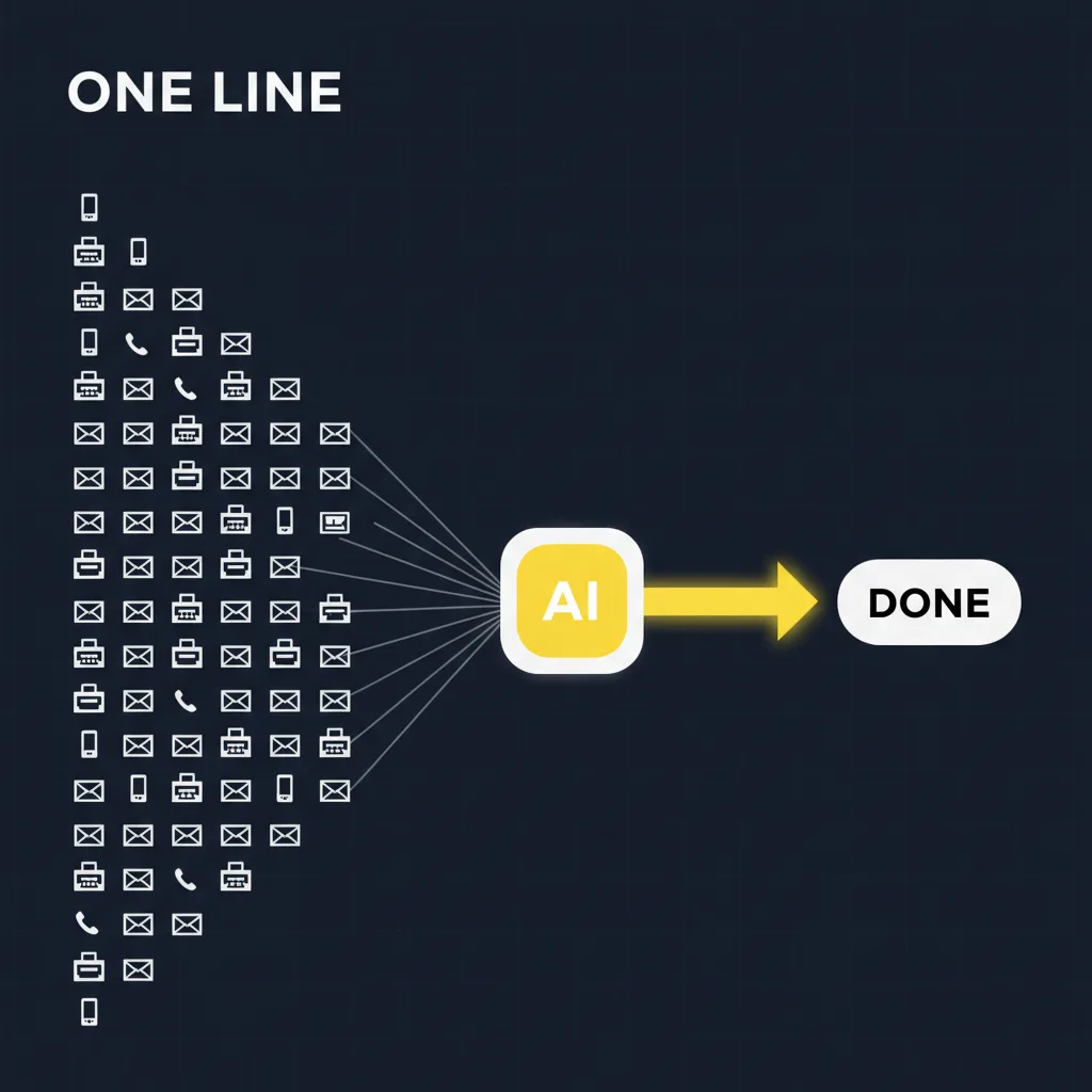 A diagram of many inbound phone, email, and fax requests routing through one AI verification line to a completed result