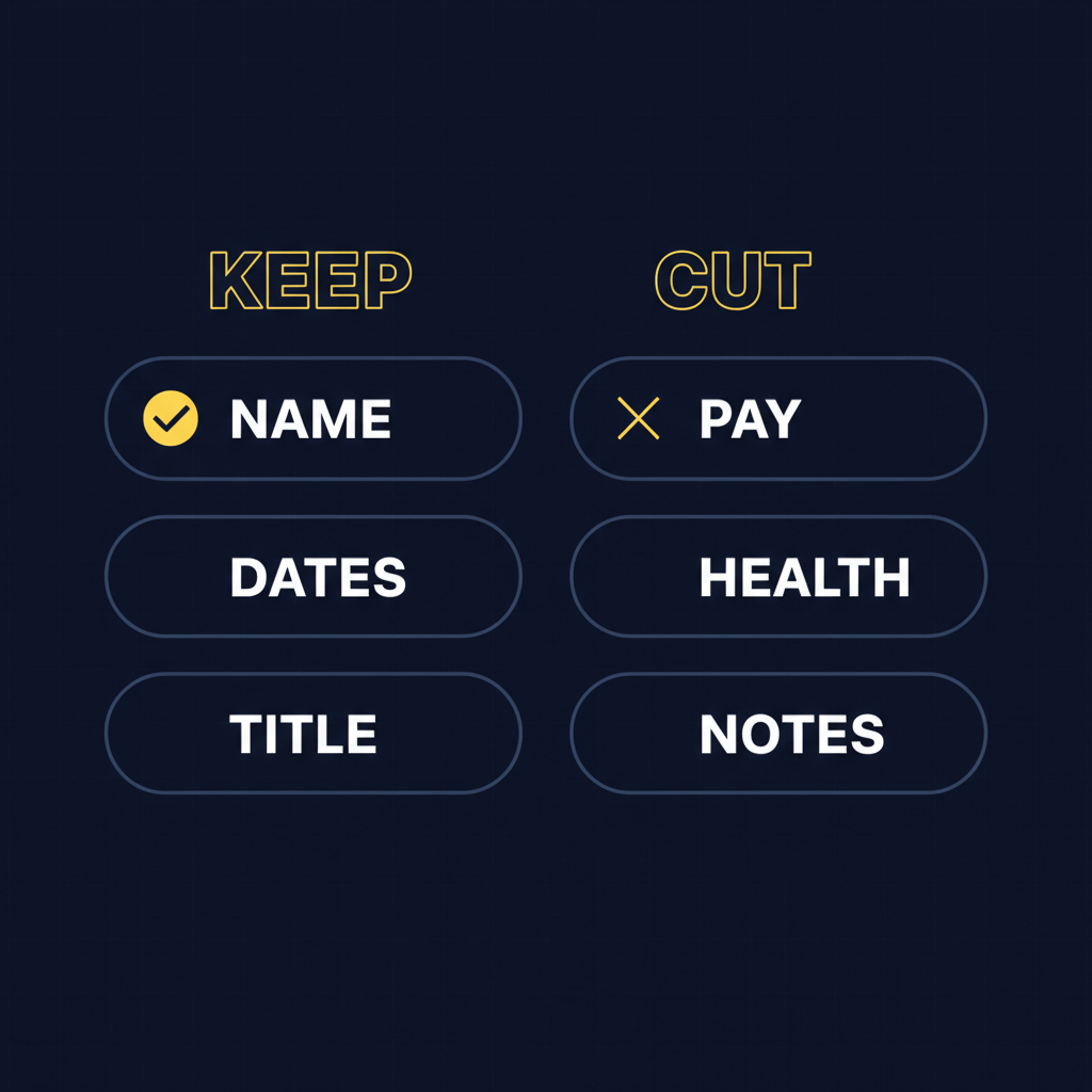 A checklist contrasting what to keep in an employment verification letter (name, dates, title) against what to cut (pay, health, notes)