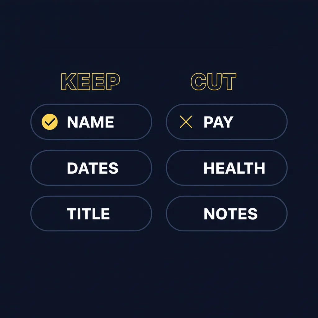 A checklist contrasting what to keep in an employment verification letter (name, dates, title) against what to cut (pay, health, notes)