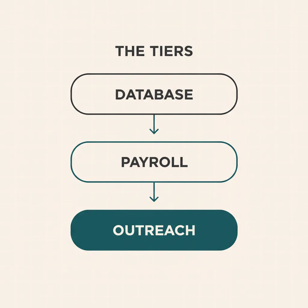 Three stacked tiers labeled database, payroll, and outreach, connected by downward arrows