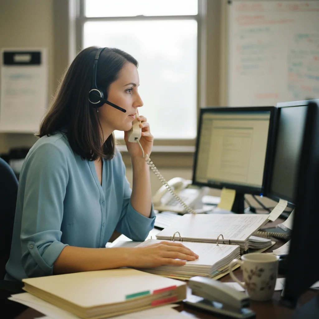 A mortgage funding assistant on a desk phone, reading a printed loan file