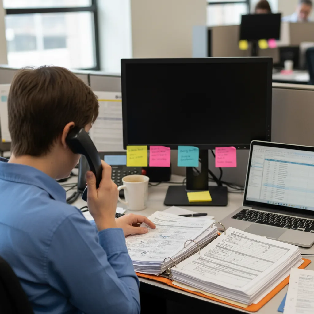 A verification specialist reviewing a paper driver qualification file at a CRA office desk