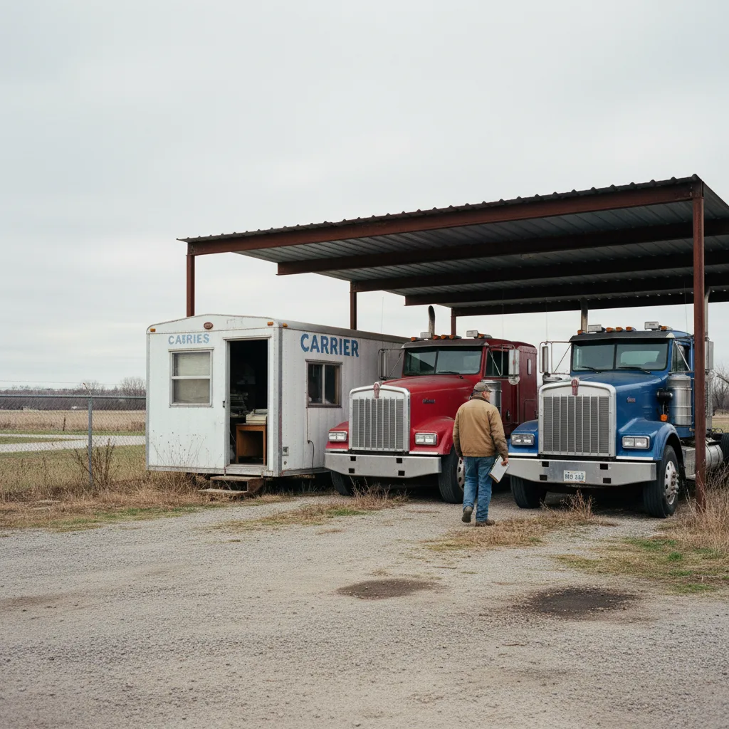 A small rural trucking yard with an unattended owner-operator office trailer