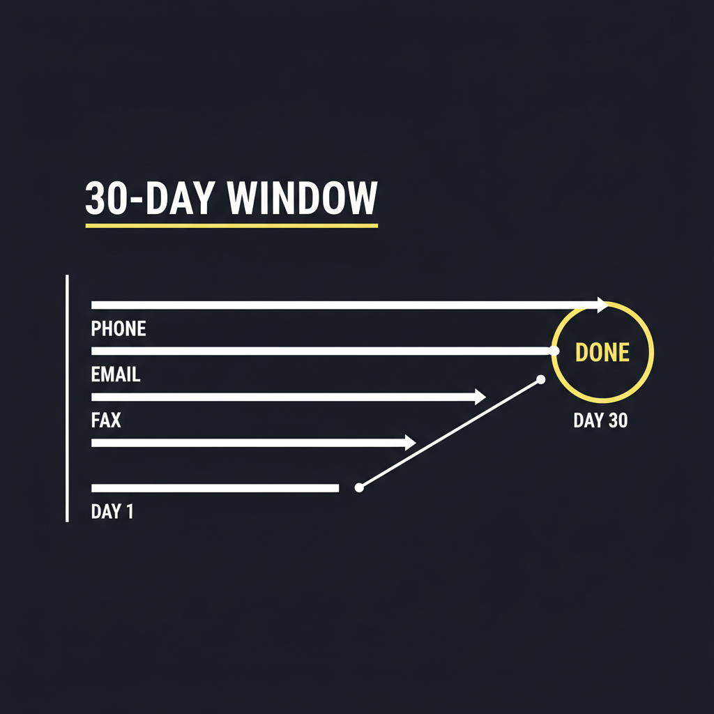 A timeline diagram showing parallel phone, email, and fax outreach lanes converging inside the 30-day FMCSA verification window.