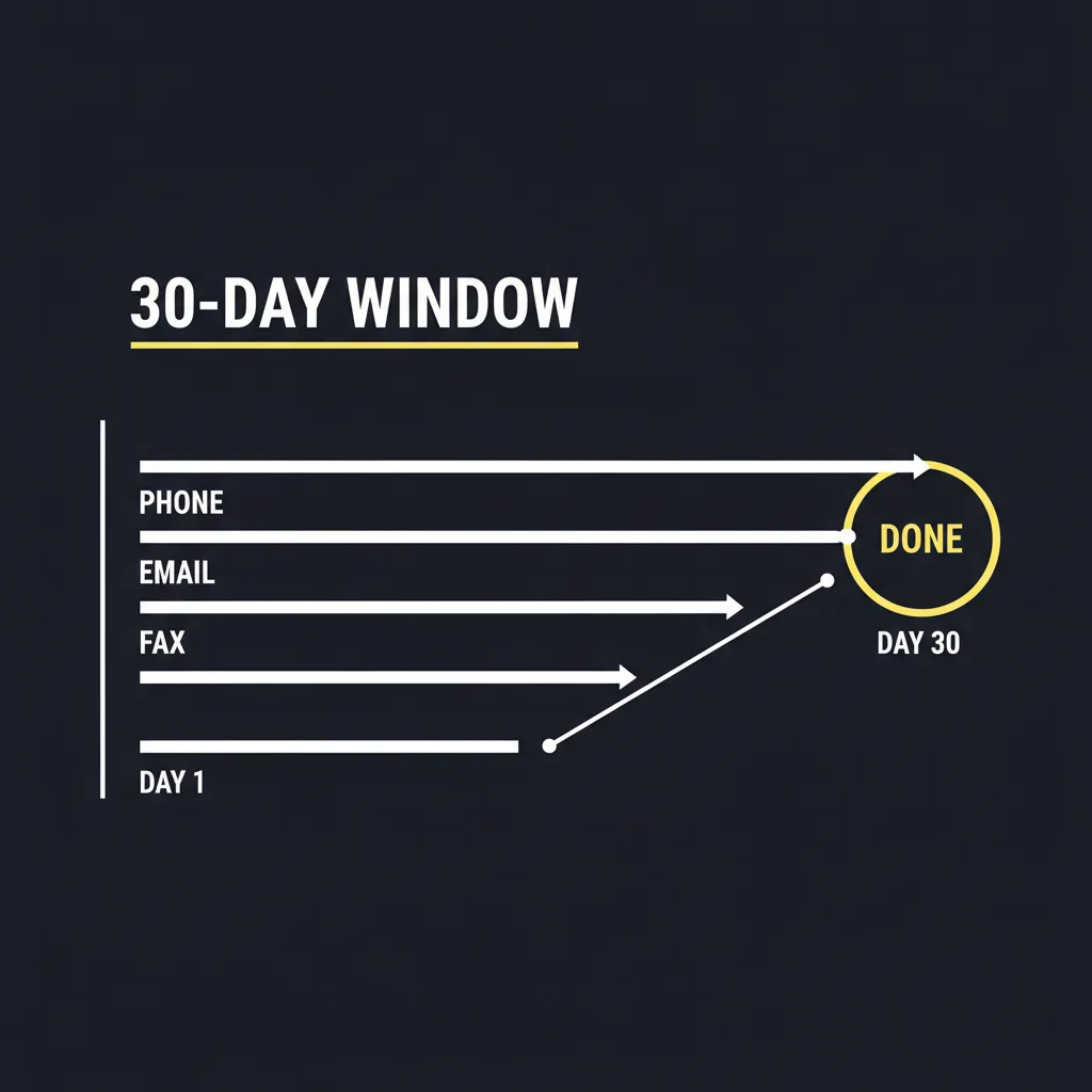 A timeline diagram showing parallel phone, email, and fax outreach lanes converging inside the 30-day FMCSA verification window.
