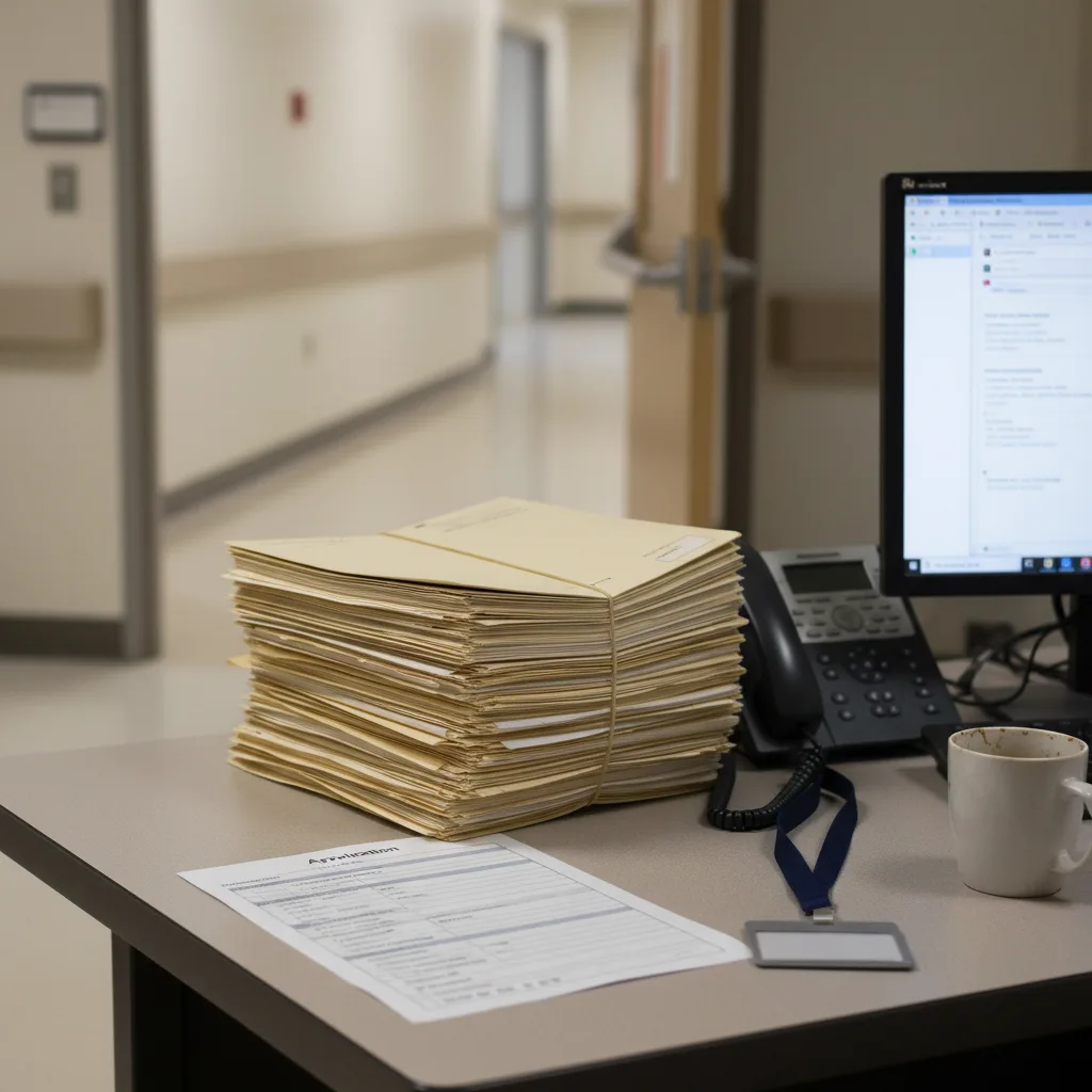 A hospital human resources office with personnel files and screening paperwork